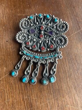 Vintage Mexican Sterling Silver Turquoise & Coral Dangle Brooch Pendant